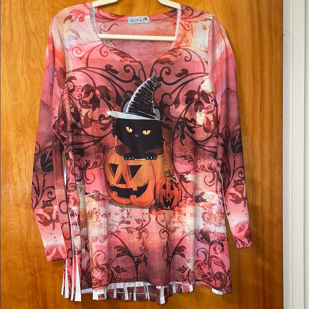 Halloween Cat and Pumpkin Long Sleeve Top